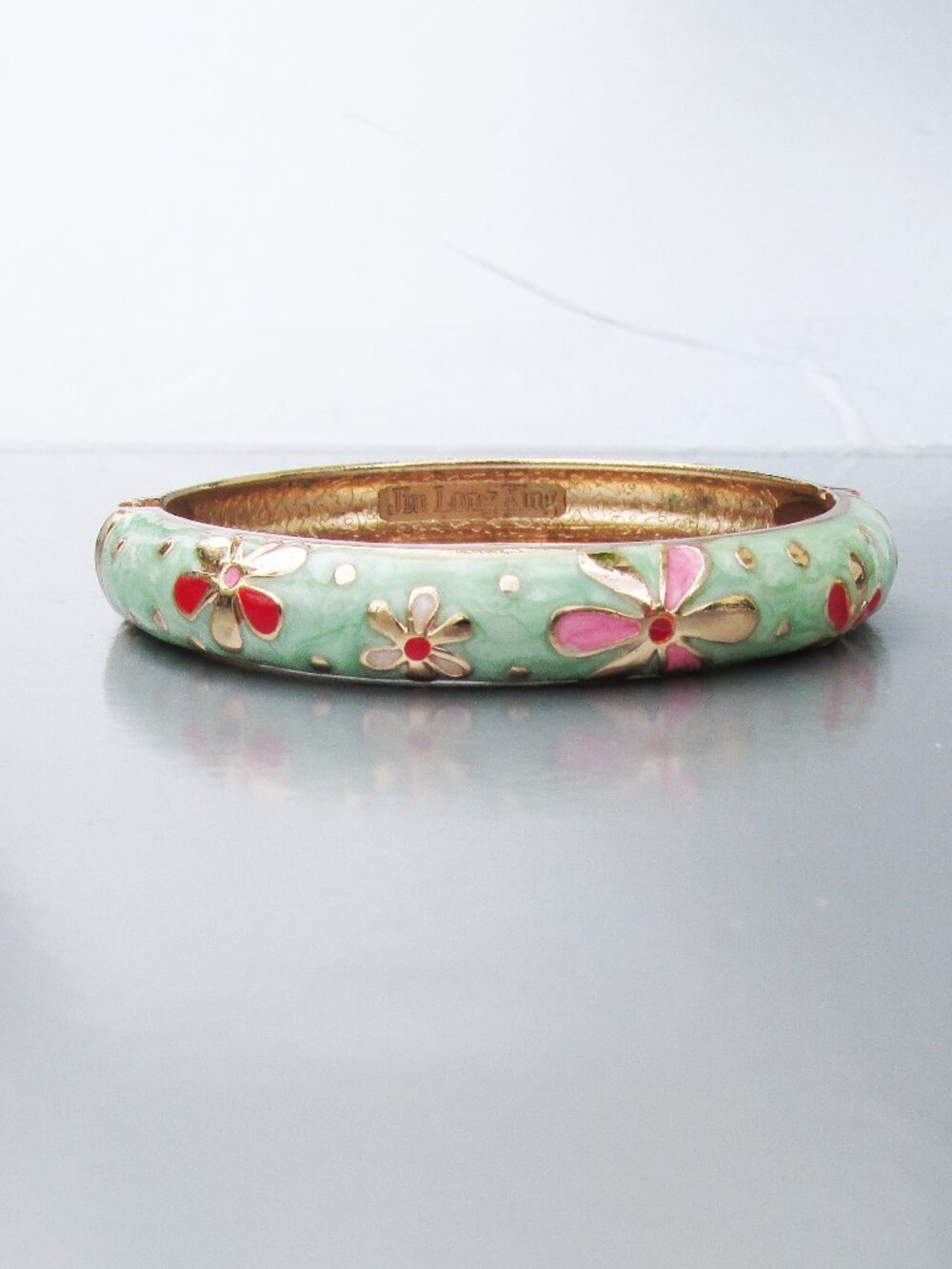 Jiu Long Xing Hinged Bangle Bracelet Green Enamel Floral Gold Tone Cloisonne